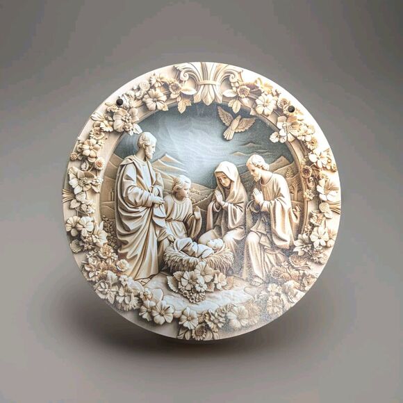 Decor Other - Wood Plaque Christmas Nativity Scene 2D Flat Print Looks Like Carved Ivory 8in